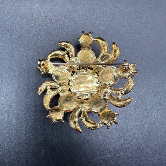 Vintage Brooch Pin Orange Clear Rhinestones Faux Tone Gold Tone Star Burst Swirl - Picture 4 of 8